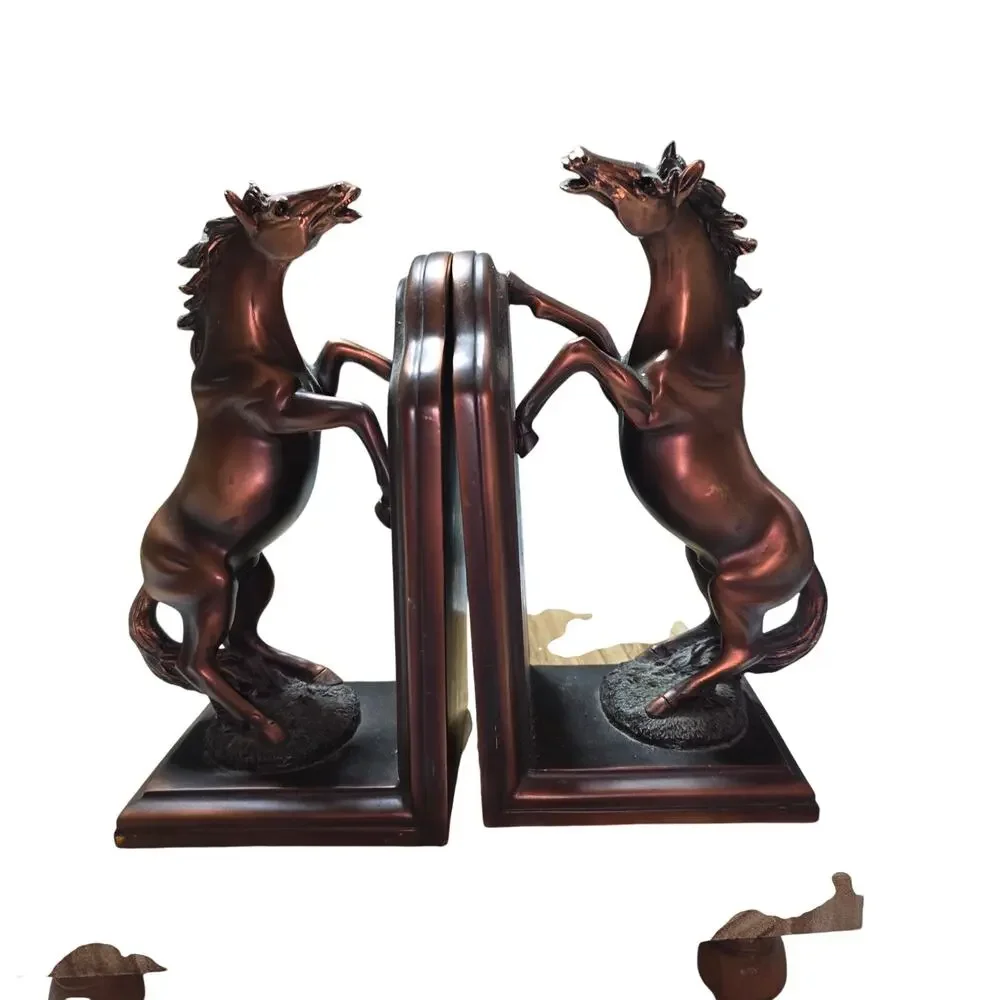 TWO POWER FINE HORSES STANDING BRONZE COLOR HEAVY-DUTY BOOKENDS